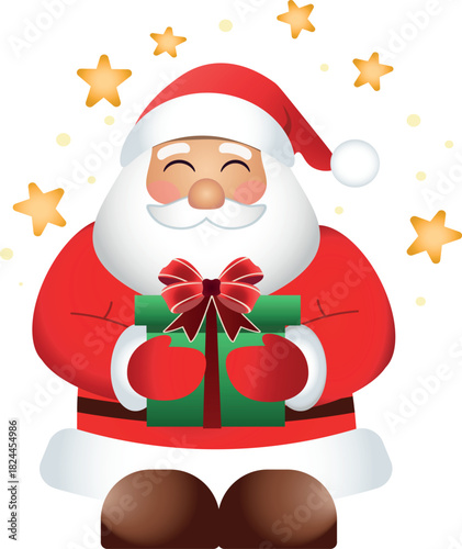Cute Santa Claus with Christmas Gift and Stars – Vector Illustration