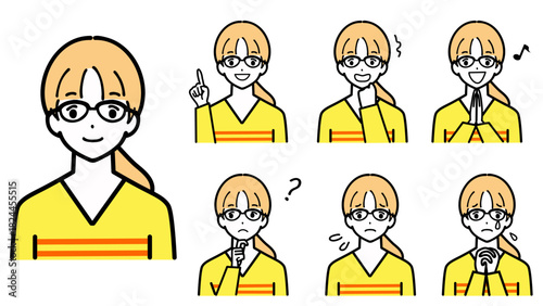 眼鏡をかけた若い女性の上半身の表情セット