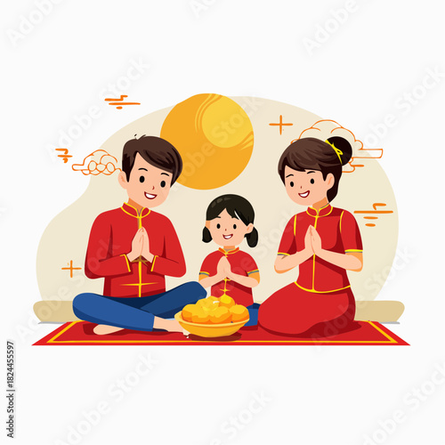 Cartoon vector illustration of a family (mother, boy, kid, baby) cooking, eating, and smiling during dinner in the kitchen and living room
