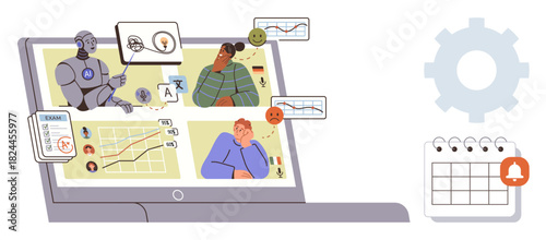 Robot presenting data charts on a laptop with participants, emotion icons, and language tools. Ideal for tech, collaboration, education, AI, analytics digital tools communication. Simple flat