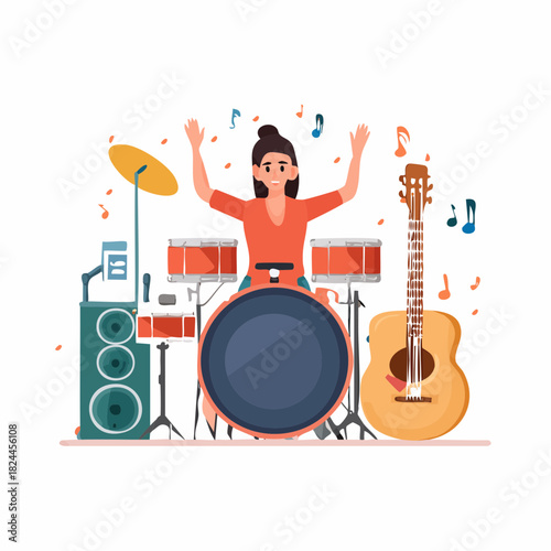 Vector illustration of a woman DJ mixing music at a nightclub party with turntable equipment and headphones