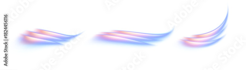 A set of dynamic light strokes in a pink-blue neon gradient with a soft blur for speed accents, magical trails, and decorative overlays in a modern design on a white background. Vector
