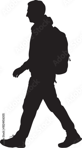 Silhouette of a man walking with a backpack on a white background