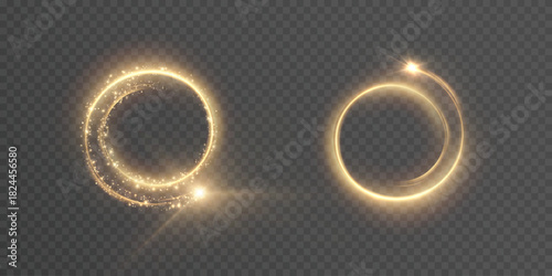 Glowing golden magic rings with sparkling particle trails. Circular light vortexes for spell portals, selection frames, and bright overlays.