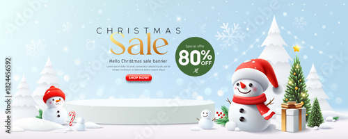 Merry Christmas Sale, white podium display, christmas tree and snowman on snow banner design background