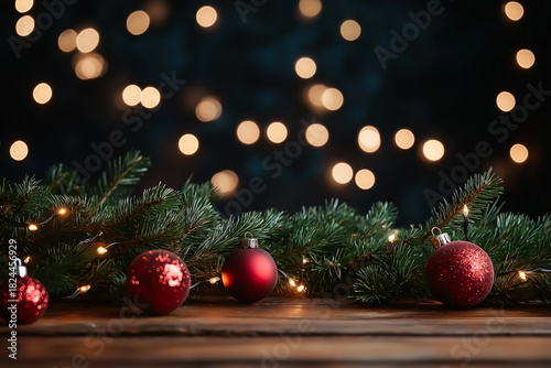 Wooden Table with Pine Branches and Red Ornaments with Warm Holiday Lights