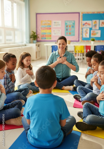 A kind instructor leads a circle of diverse children in a peaceful classroom meditation, promoting mindfulness and well-being. Capturing serenity and focus.
