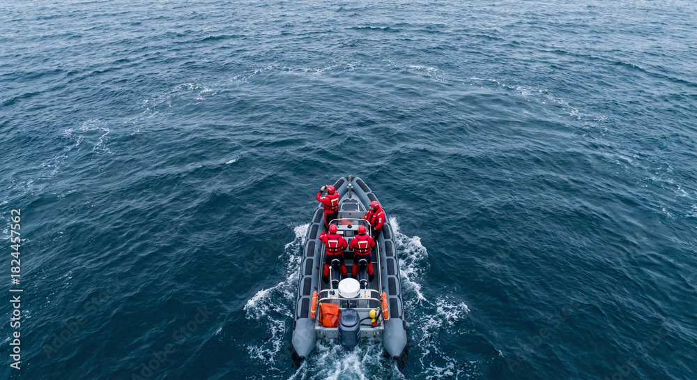 Obraz premium Adventurous expedition team in a robust inflatable boat with red jackets cruises through the expansive, dark ocean waters, leaving a white wake in its path during a remote journey