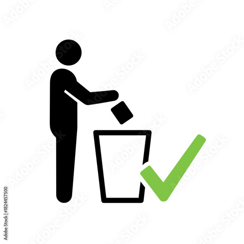 Person throwing trash into bin with green check mark in minimalistic design