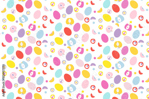 Seamless pattern with a playful mix of colorful Easter eggs, bunnies, and flowers on a white background. Ideal for festive spring designs, textiles, or party decor.