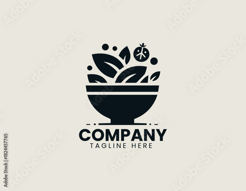 Fresh salad dish presented with leafy ingredients crafted in a clean bold black vector illustration logo