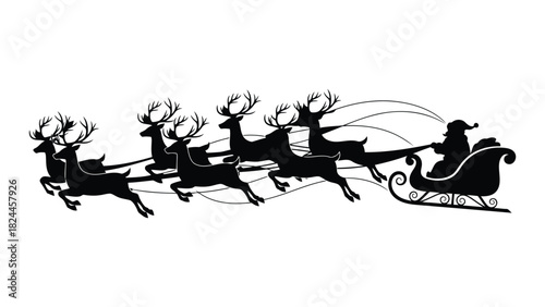 Christmas Santa Claus and reindeer flying in sleigh holiday silhouette design isolated on white background, Vector