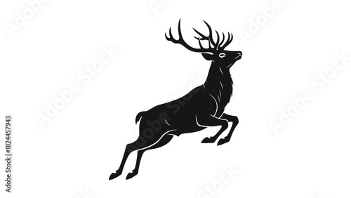 Dynamic leaping stag silhouette with majestic antlers, isolated on white isolated on white background, 
Vector