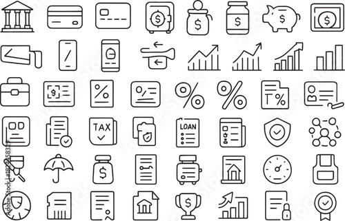 Finance and banking icons set with bank, credit cards, piggy bank, safe Vector