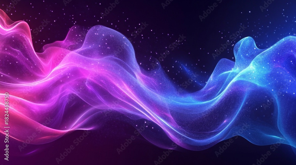 Fototapeta premium Wavy neon streams intertwine across the starry sky, creating a dynamic visual that will adorn a creative backdrop for digital platforms or music festivals.