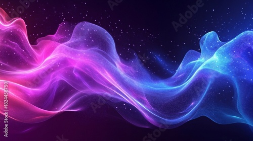 Wavy neon streams intertwine across the starry sky, creating a dynamic visual that will adorn a creative backdrop for digital platforms or music festivals.