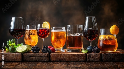 A variety of drinks with bright citrus slices and berries were lined up on the table, creating a festive atmosphere that would be ideal for an atmospheric backdrop in restaurant 