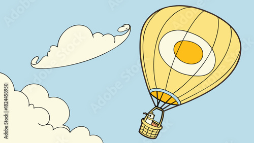 Cartoon illustration of a yellow hot air balloon with an egg design floating in a blue sky with clouds