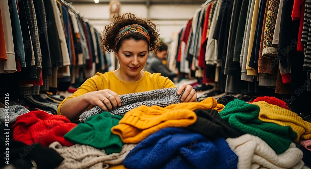 Fototapeta premium Woman browsing through colorful second hand clothes inside a thrift store boutique