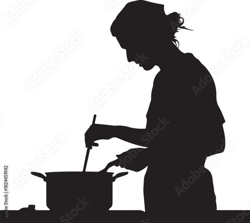 Silhouette of a woman cooking in a kitchen stirring a pot