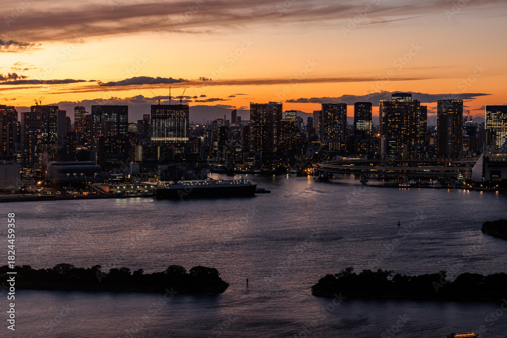 Obraz premium Tokyo City Skyline at Sunset Over Tokyo Bay