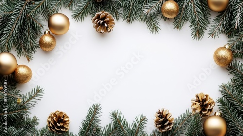 Golden Christmas tree decorations and branches create a festive composition filled with the warmth and cosiness of winter holidays.
It looks great as a background for greeting cards  