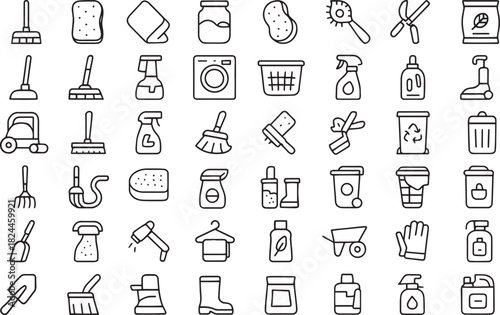 Set of cleaning and gardening tools line icons isolated on white background Vector