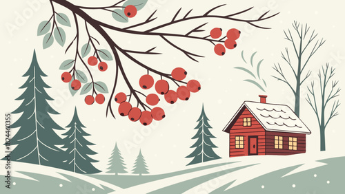 Illustration of a cozy cabin in a snowy landscape with trees and berry branches in winter season scene
