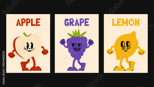 Cute apple, grape, lemon character posters drawn in fun doodle style with animated facial features. Colorful happy fruit vector