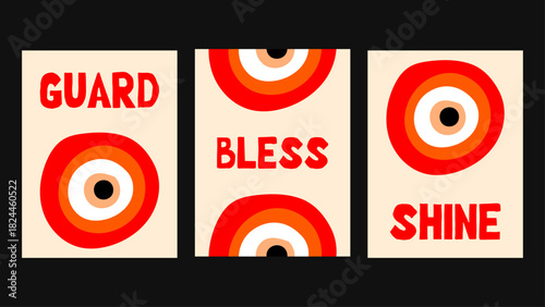 Bright evil eye amulet poster featuring vibrant layered circles and simple positive wording. Spiritual protective vector