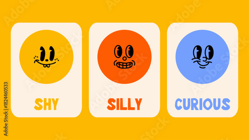 Cute emotional face poster with bright circular characters expressing shy and silly moods. Playful colorful vector