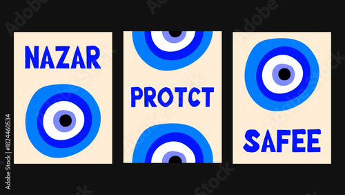 Modern Nazar amulet poster with bold concentric circles and protective minimalist text. Clean symbolic vector design