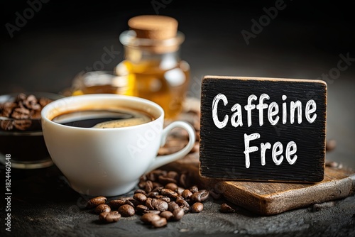 Rich dark coffee in a white cup with beans and oil, labeled 'Caffeine Free' for healthy beverage choices