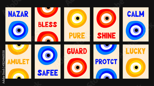 Cute Nazar poster combining soft rounded circles with simple encouraging text. Bright lucky charm vector design.