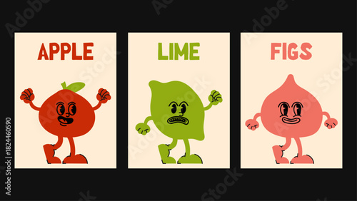 Set-inspired fruit character poster featuring simple bold shapes and friendly cartoon expressions. Fun graphic vector