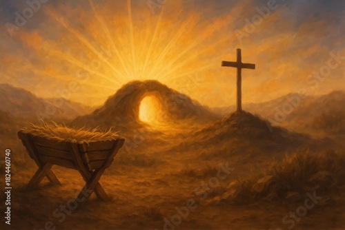 A Peaceful Sunrise over a Natural Landscape Featuring a Cross and a Simple Cradle, Symbolizing Hope, Renewal, and Faith in a Serene Setting