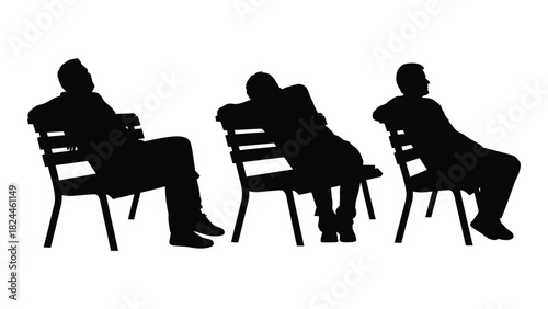 Three men sitting on benches silhouette isolated on white background, Vector