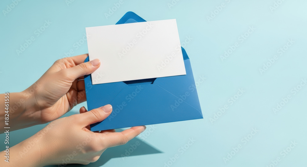 Fototapeta premium hands holding blue envelope with blank white card on pastel background for message, invitation, announcement or greeting concept
