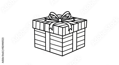 Simple line art gift box with striped lid and bow