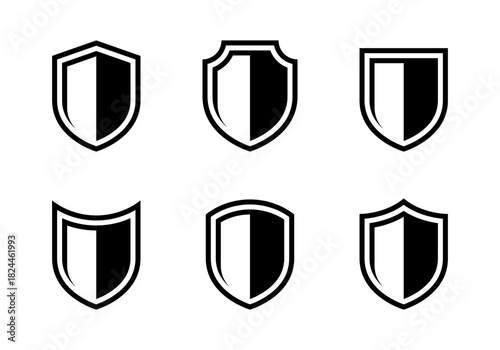 Shield icon set in outline style. Defense, guard, security protection symbol