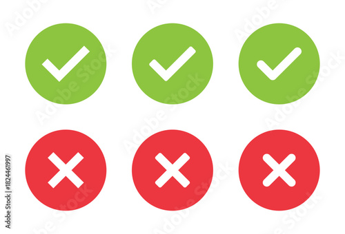 Check and cross mark icon set in flat design. Tick and X symbol. Accept and reject sign