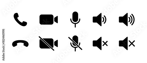 Phone receiver, video call, microphone, mute, speaker volume, and silent icon. Communication element symbol