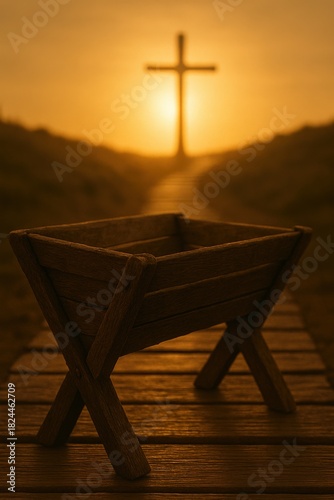 A Serene Sunrise Scene Featuring a Wooden Cradle in Foreground and a Cross Silhouette as the Main Focal Point of Faith and New Beginnings
