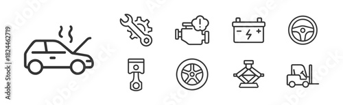 Vector icon set showing car breakdown and mechanical repair symbols including engine, tools, battery, and lifting equipment.