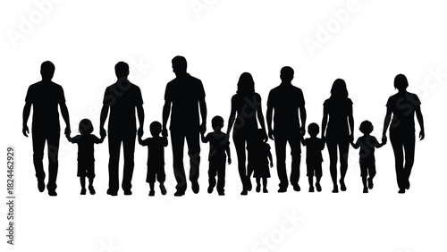 Large family group silhouettes walking isolated on white background, Vector