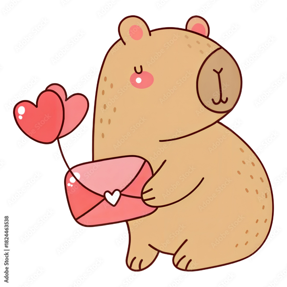 Fototapeta premium Cute Valentines capybara holding pink love letter with floating heart balloons in sweet cartoon style