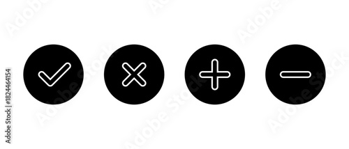 Check mark, cross, add, and remove outline icon. Checkmark, X, plus, and minus symbol in black circle