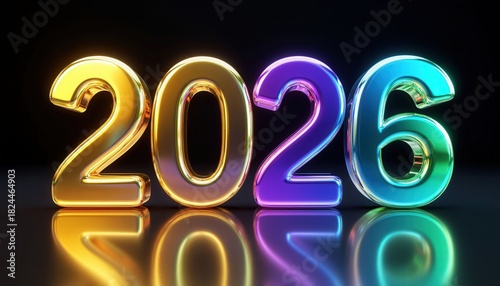 Futuristic 2026 in bold wide font with holographic metallic texture, glowing highlights, dynamic reflections, perfect for New Year and Christmas campaigns.