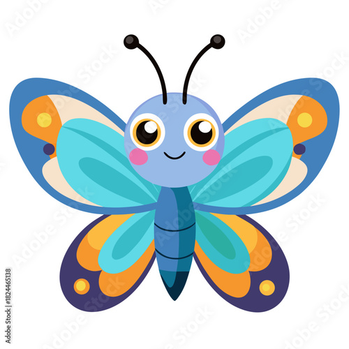 Cheerful cartoon blue and orange butterfly with blush marks and patterned wings Keywords: butterfly, insect, cartoon, cute, smiling, happy, blue