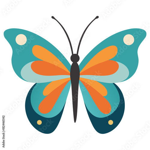 Colorful butterfly with teal orange and yellow accents on white background Keywords: butterfly, insect, wing, nature, animal, art, graphic, design